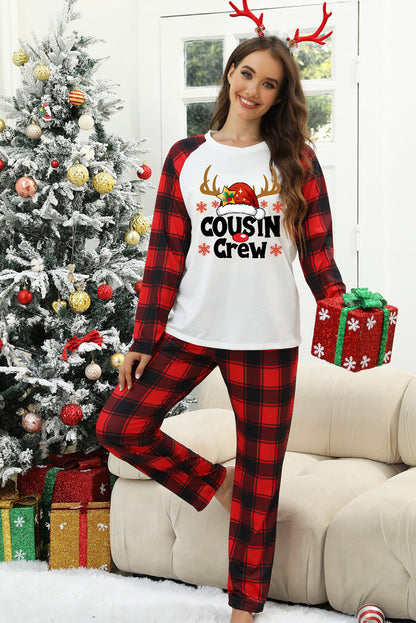 Fiery Red Christmas Plaid Reindeer Graphic Long Sleeve Lounge Set