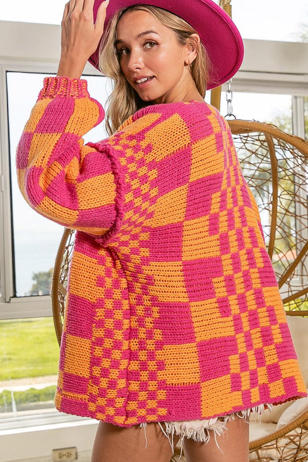 Multicolor Open Front Mixed Checkered Pattern Knit Cardigan - L & M Kee, LLC