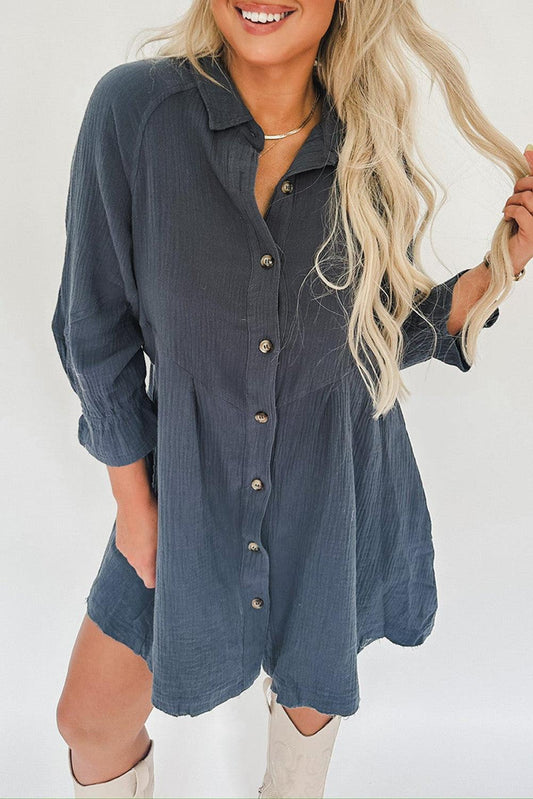 Sail Blue 3/4 Ruffled Sleeve Buttoned Crinkled Shirt Dress - L & M Kee, LLC