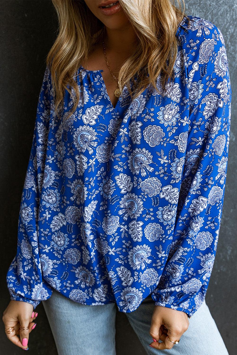 Blue Floral Notched V-Neck Long Sleeve Blouse - L & M Kee, LLC