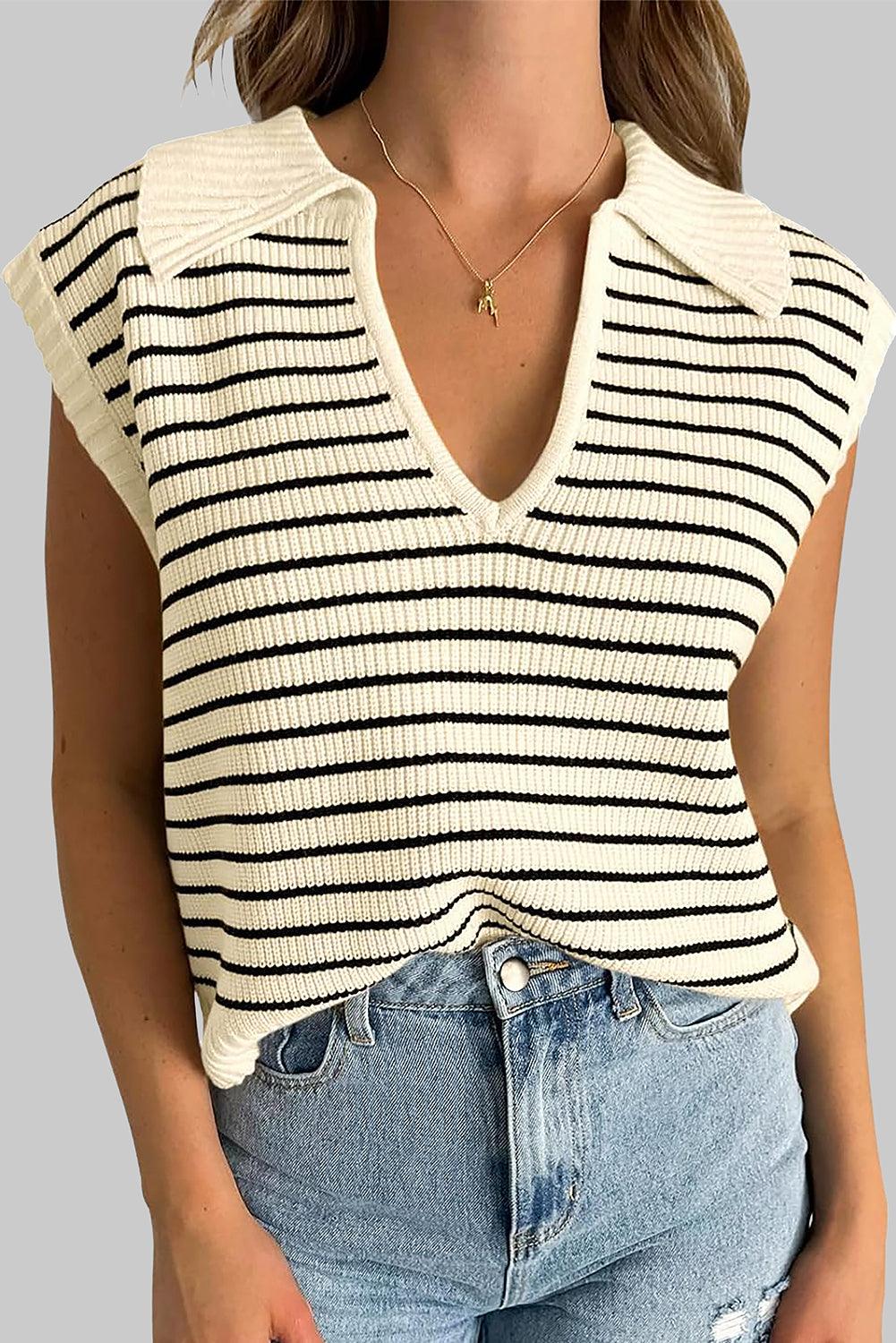 Beige Stripe Turn-down V Neck Sweater Tank Top - L & M Kee, LLC