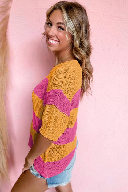 Orange Stripe Color Block Knitted T-shirt Sweater - L & M Kee, LLC