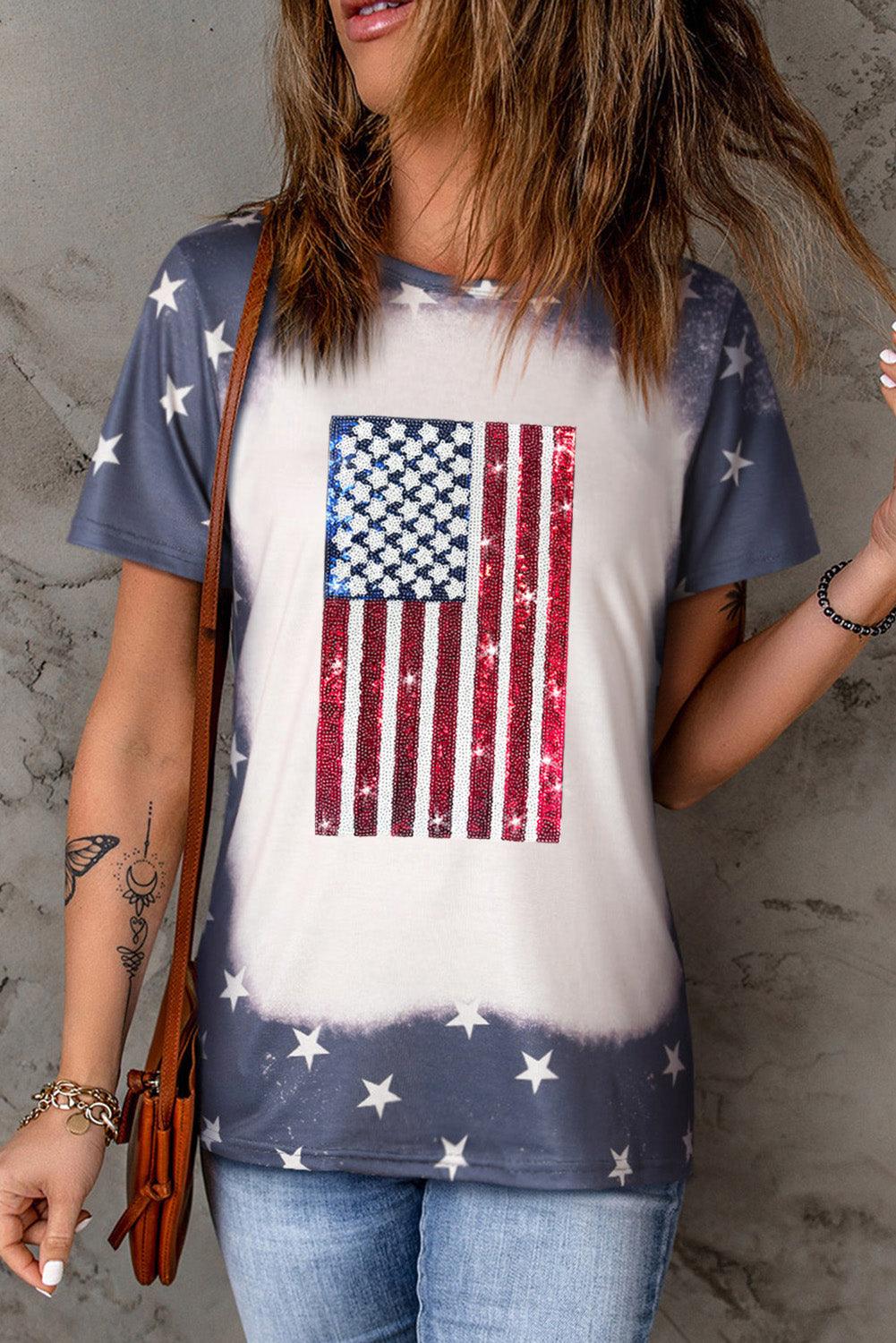 Blue Tie Dye Star Sequin American Flag Graphic T Shirt - L & M Kee, LLC
