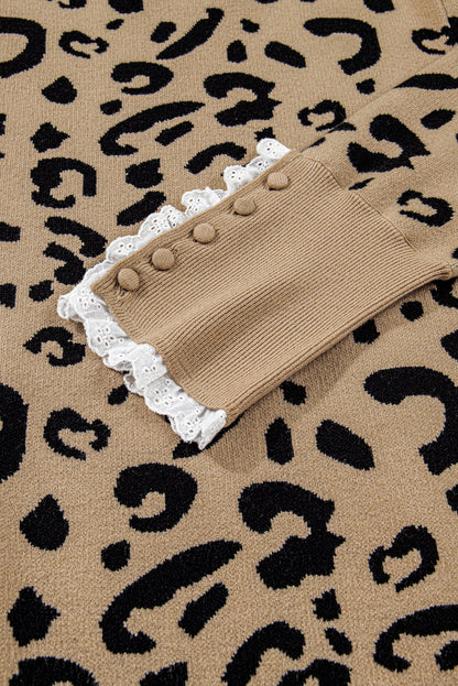Brown Leopard Knitted Lacy Trim Cuffed Plus Size Sweater