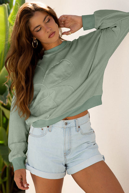 Coffee Raw Edge Flower Patch Drop Shoulder Casual Top