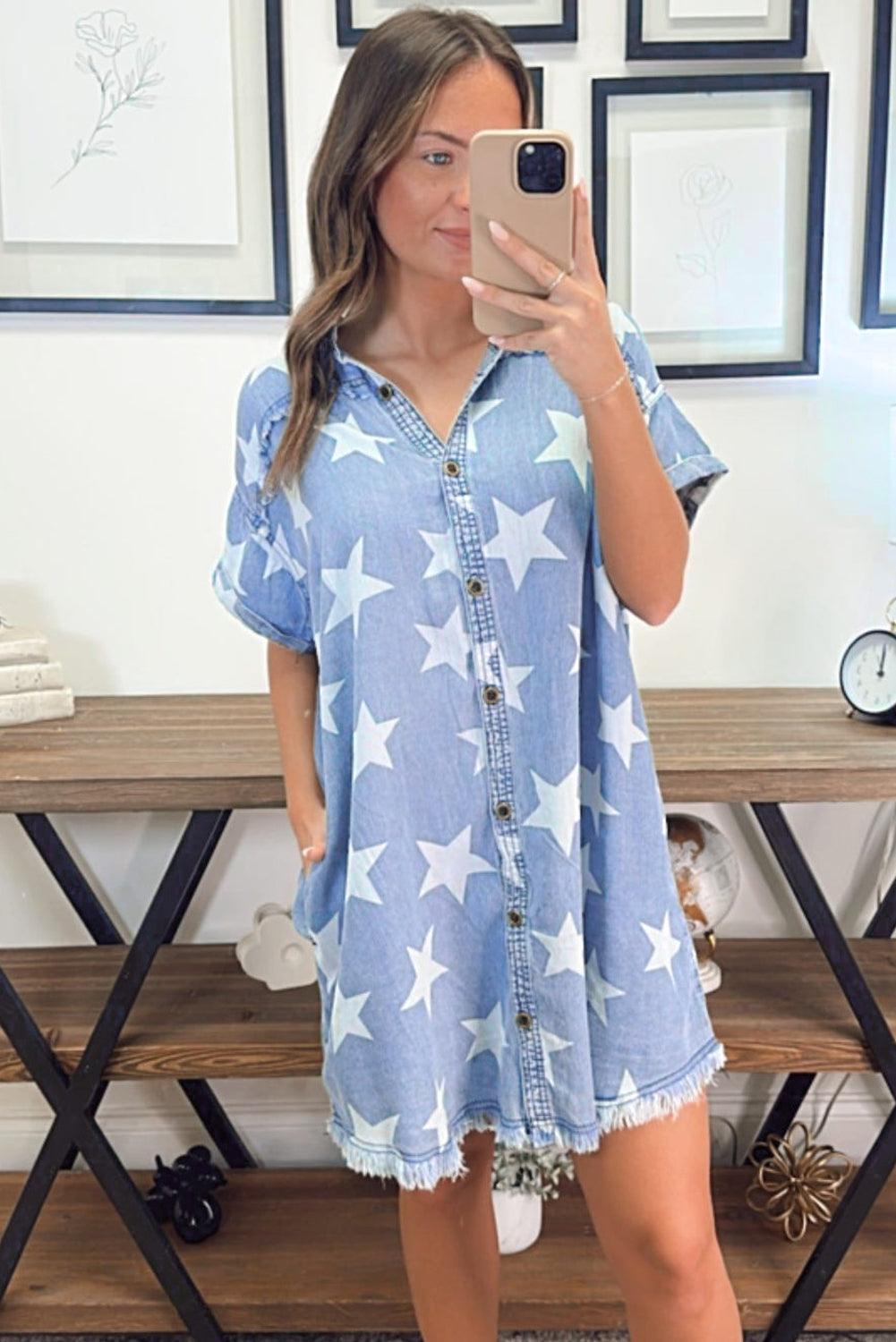 Sky Blue Stars Frayed Hem Collared Short Sleeve Denim Dress - L & M Kee, LLC