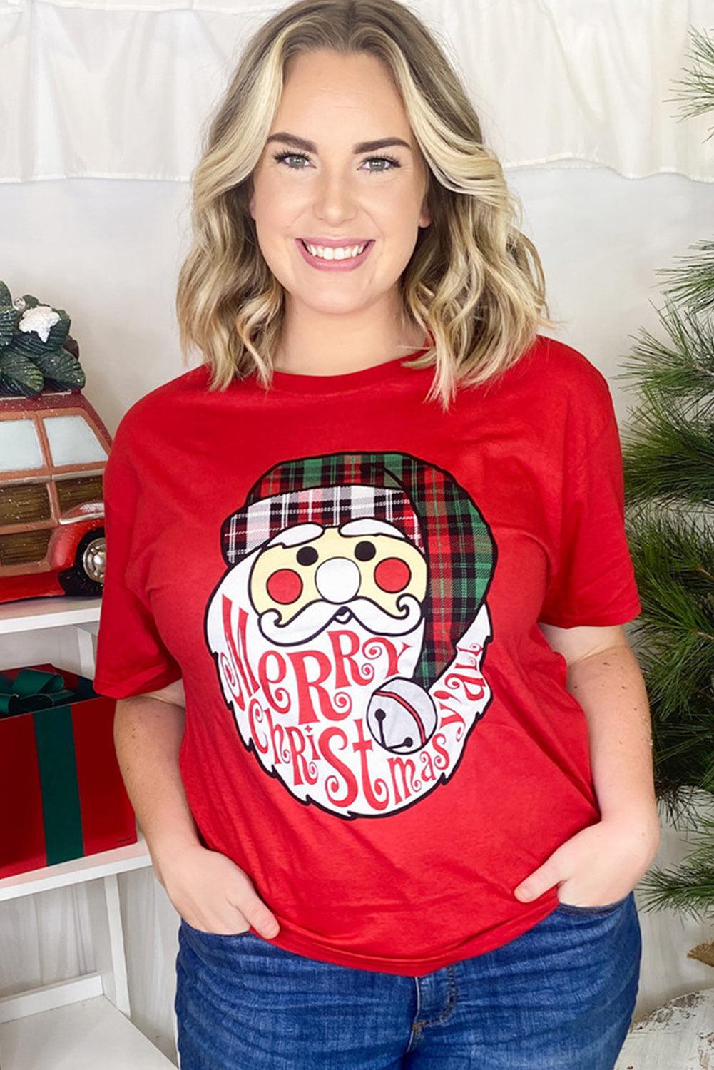 Red Santa Clause Graphic Crew Neck Christmas T Shirt - L & M Kee, LLC