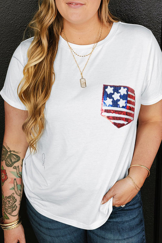White Sequin American Flag Patched Plus Size T Shirt