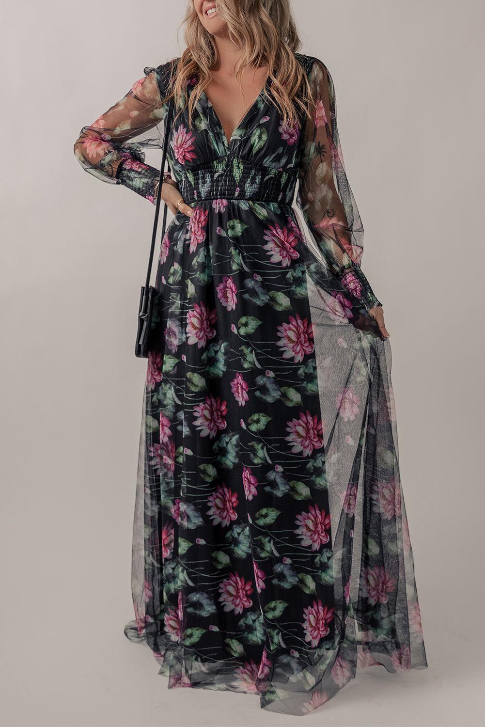 Black Mesh Sheer Shirred High Waist Floral Maxi Dress - L & M Kee, LLC