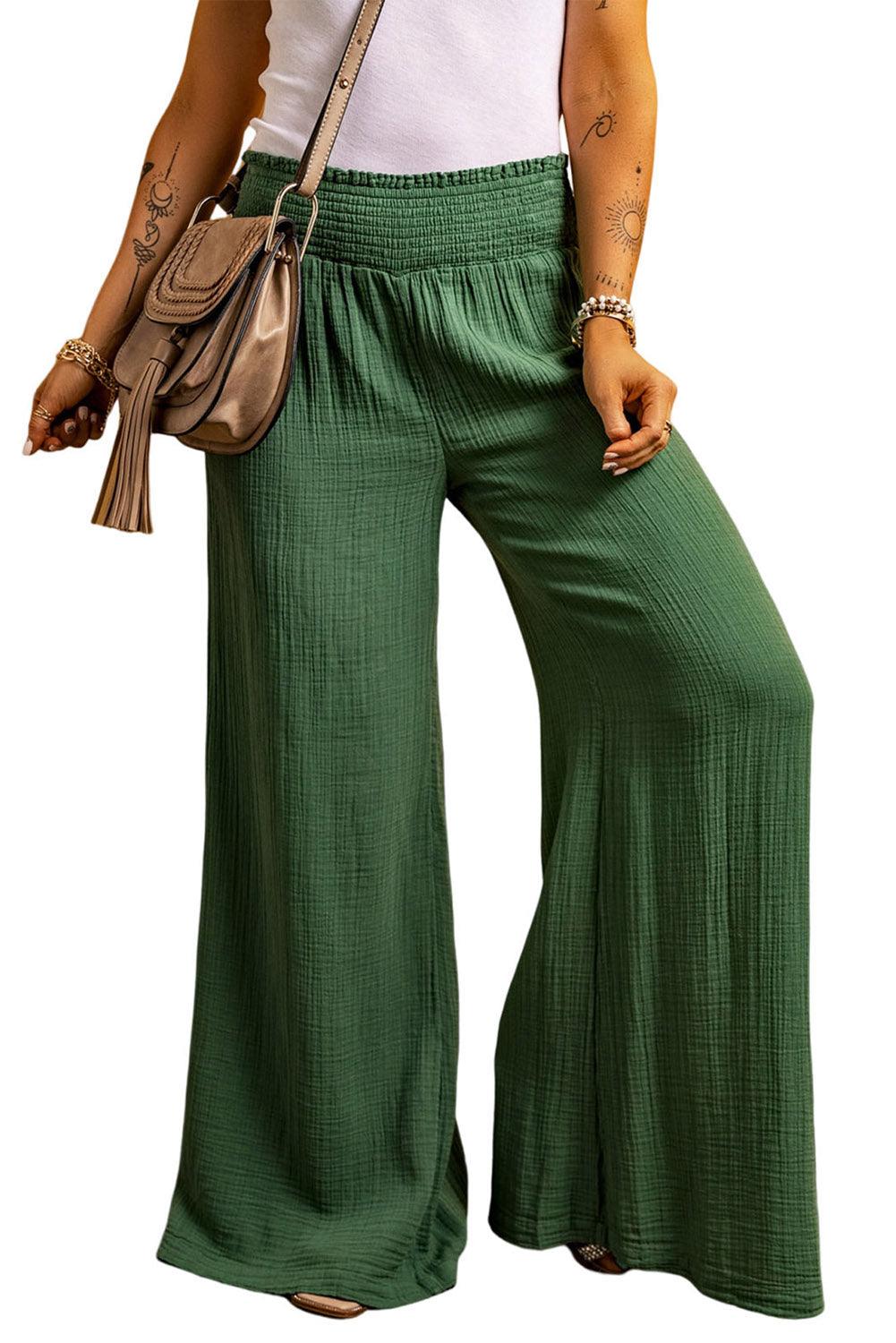 Green Smocked Waist Crinkled Wide Leg Pants - L & M Kee, LLC