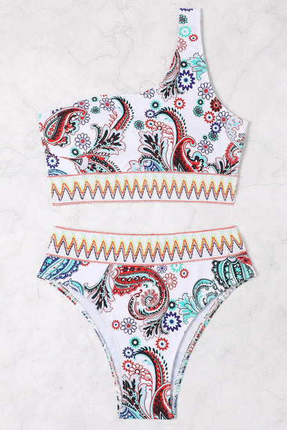 White Boho Paisley Contrast Trimmed One-shoulder Bikini - L & M Kee, LLC