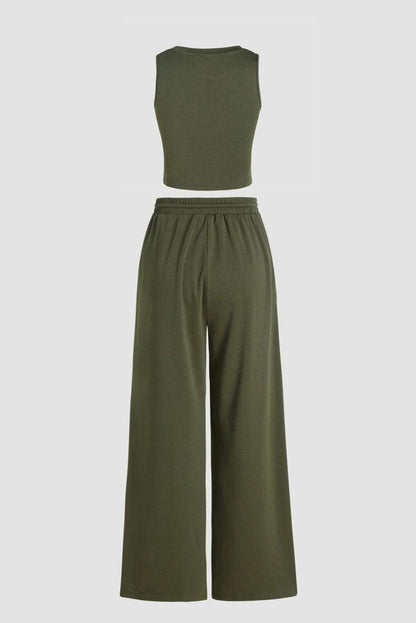 Jungle Green Solid Sleeveless Crop Top and Wide Leg Pants Set - L & M Kee, LLC