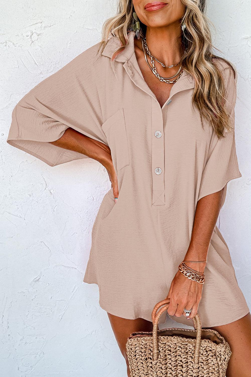 Apricot Half Button Collared Loose Romper - L & M Kee, LLC