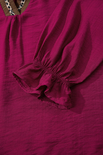 Violet Leopard Trim V Neck Flounced Bracelet Sleeve Blouse