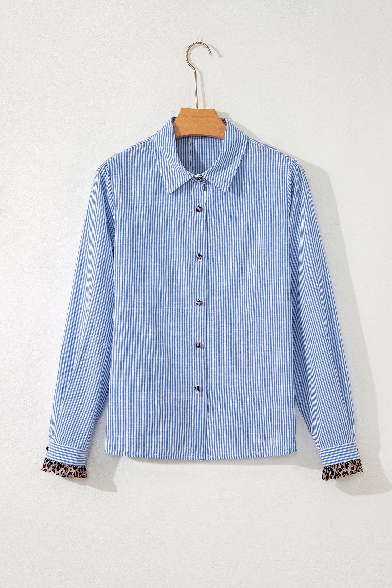 Sky Blue Stripe Contrast Frilled Leopard Trim Casual Long Sleeve Shirt