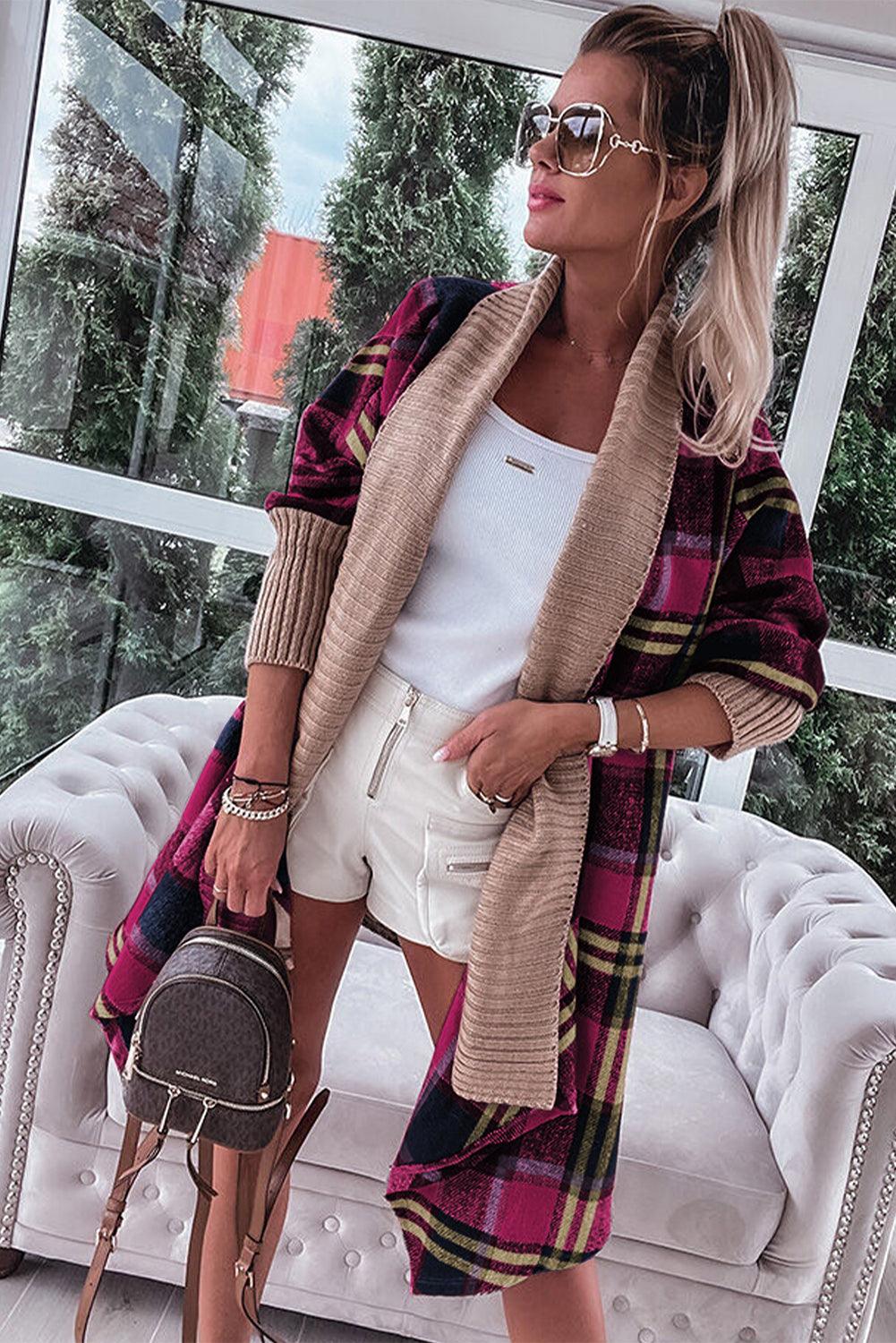 Rose Red Ribbed Splicing Plaid Open Front Cardigan - L & M Kee, LLC