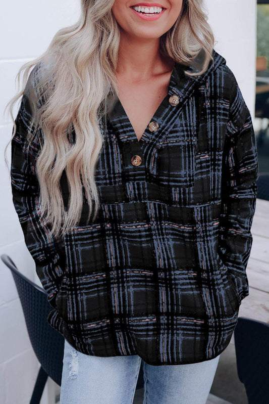 Black Plaid Button Neck Pocketed Pullover Hoodie - L & M Kee, LLC