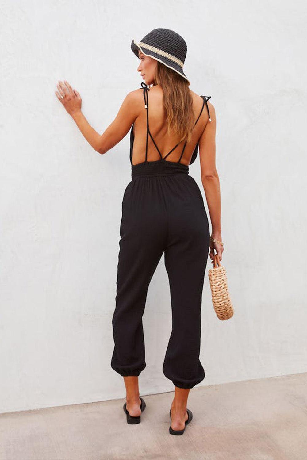 V Neck Knotted Shoulder Backless Pocket Jumpsuit - L & M Kee, LLC