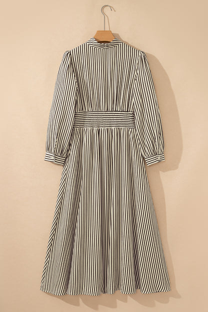 Green Stripe V Neck Zip Front Cinched High Waist Midi Dress