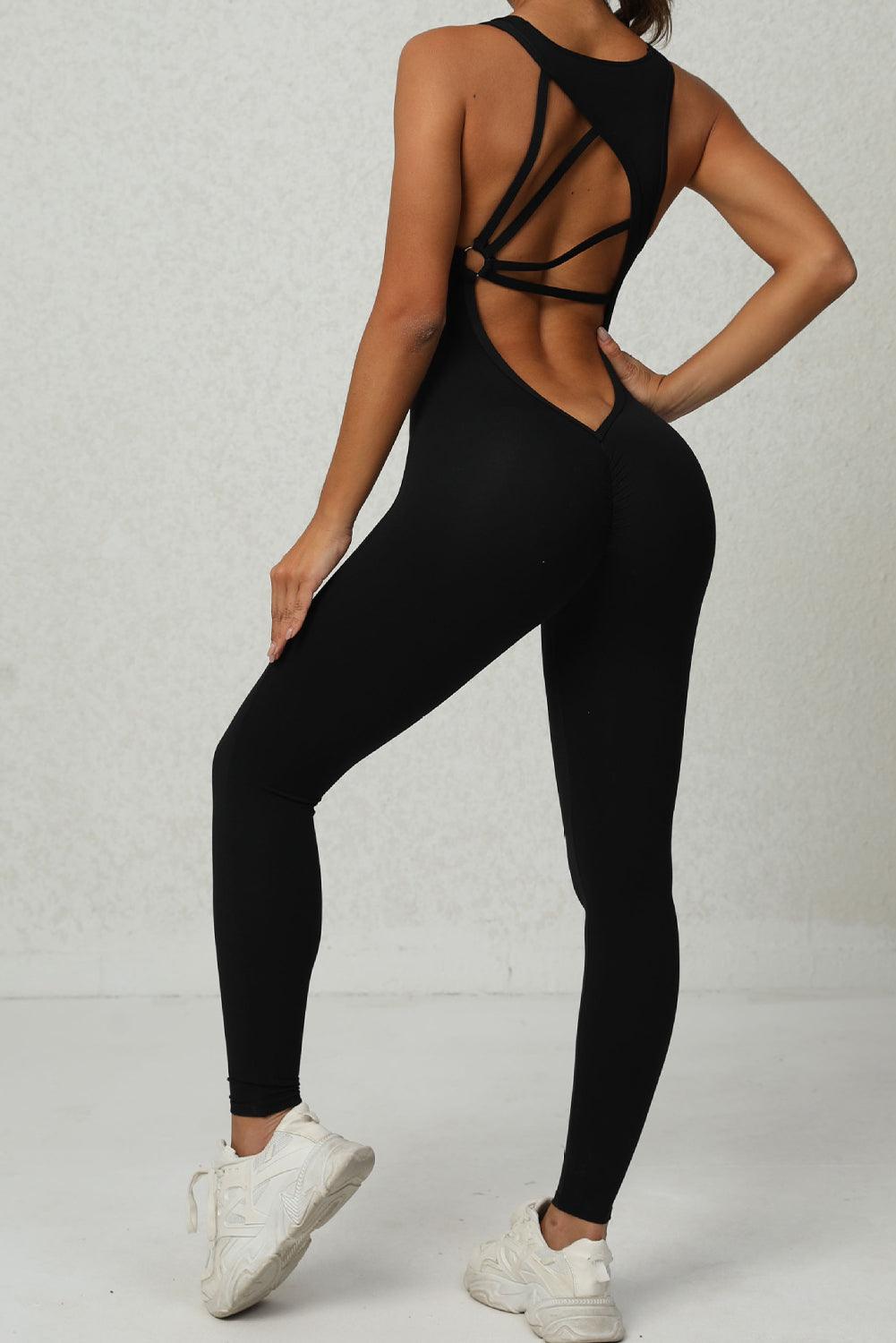 Black Sleeveless Front Cut out V Neck Yoga Jumpsuit - L & M Kee, LLC