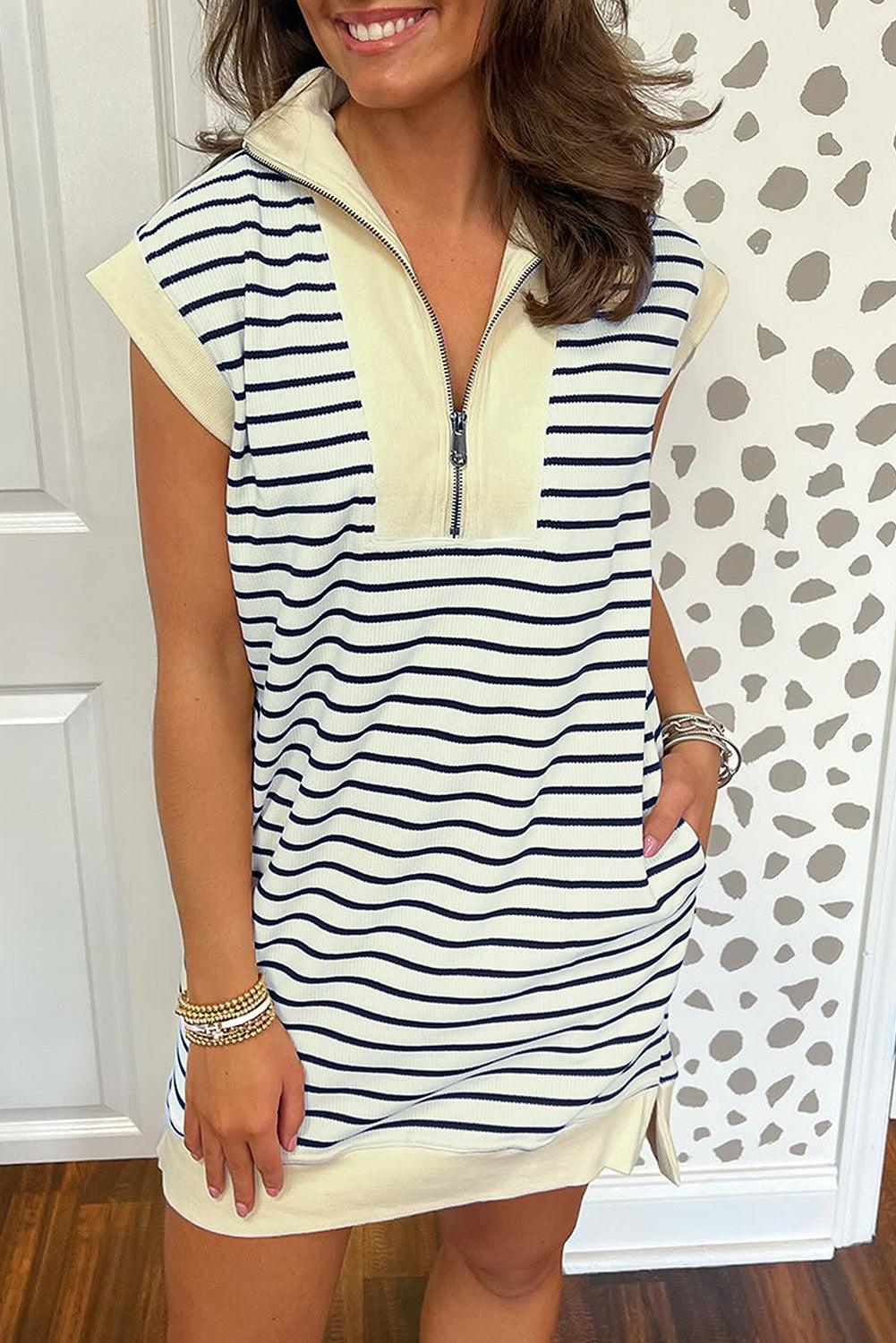 Blue Stripe Quarter Zip Collared Cap Sleeve Mini Dress - L & M Kee, LLC