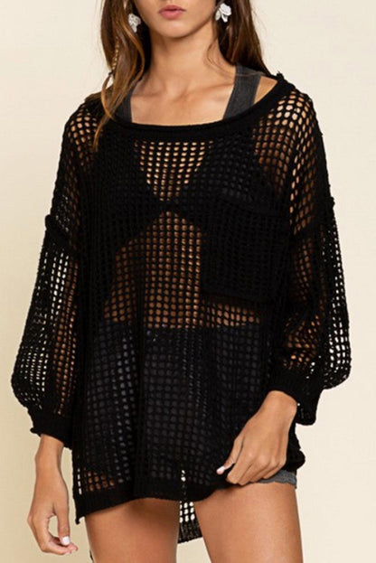 Black Fishnet Hollow-out Long Sleeve Beach Cover up - L & M Kee, LLC