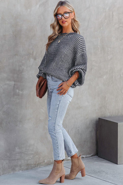 Gray Heathered Knit Drop Shoulder Puff Sleeve Sweater - L & M Kee, LLC