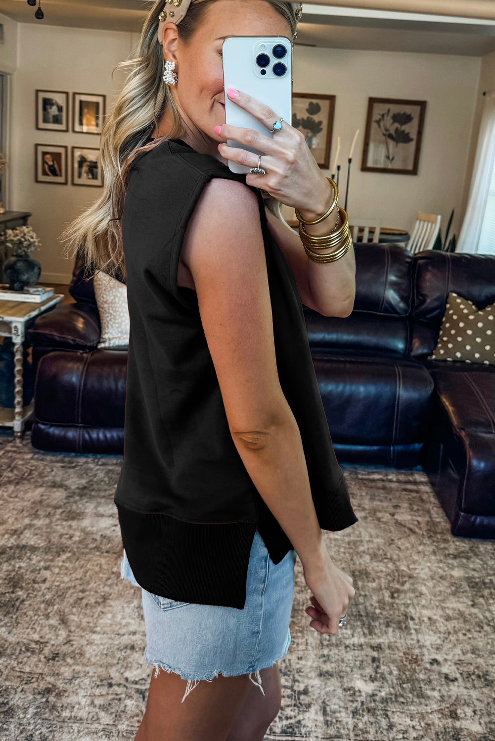 Black Solid Color Ribbed Trim Round Neck Cap Sleeve Casual Sweatshirt