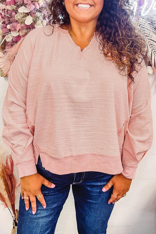 Pink Raw Cut Notched Neck Plus Size French Terry Hoodie - L & M Kee, LLC