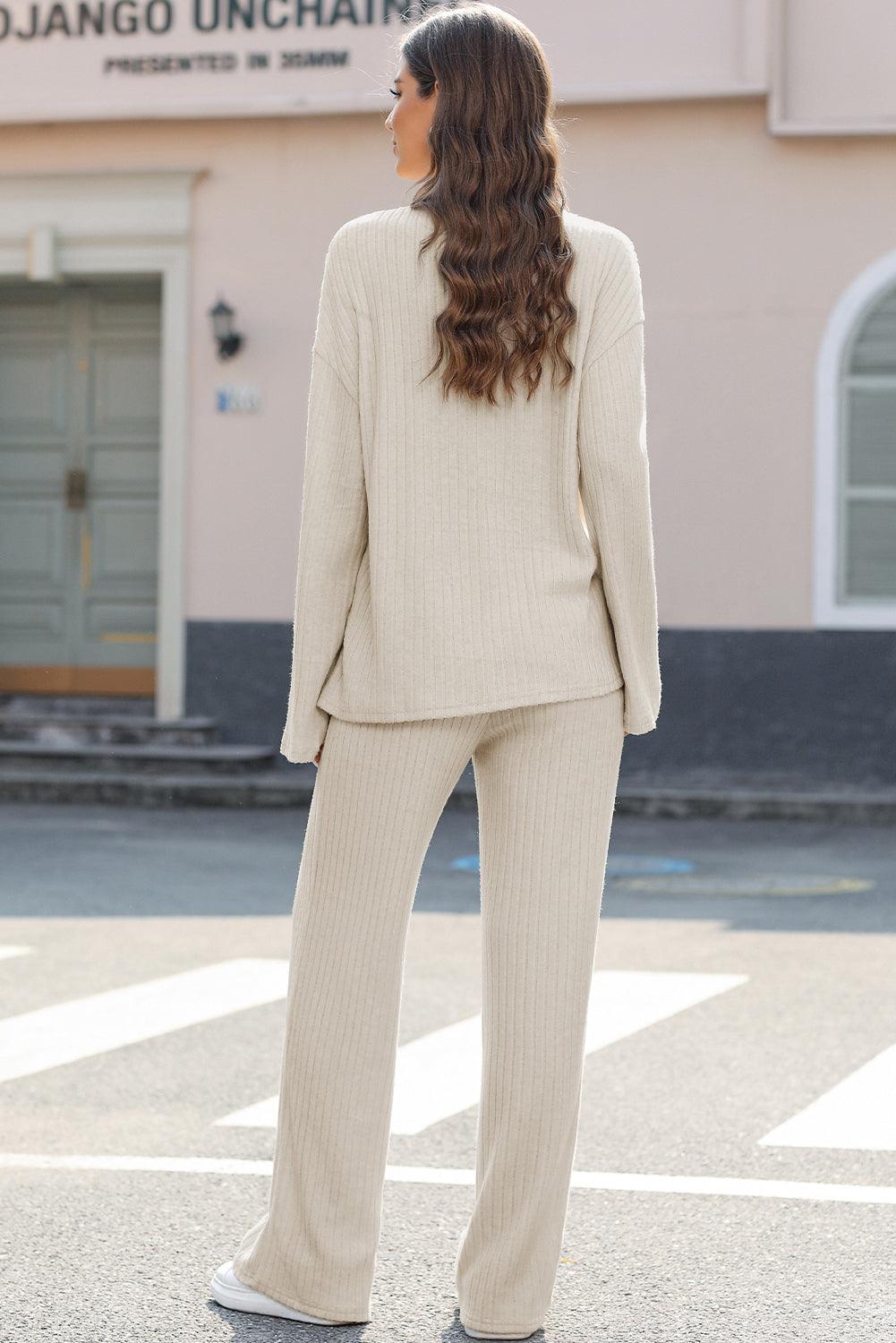 Khaki Ribbed Knit Bell Sleeve Crop Top Drawstring Pants Set - L & M Kee, LLC