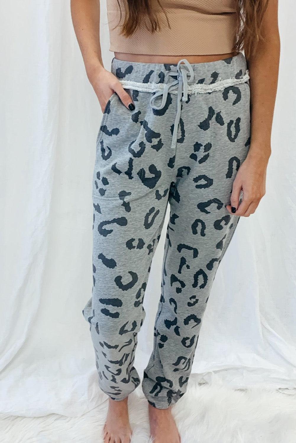 Gray Leopard Print Drawstring High Waist Jogger Pants - L & M Kee, LLC