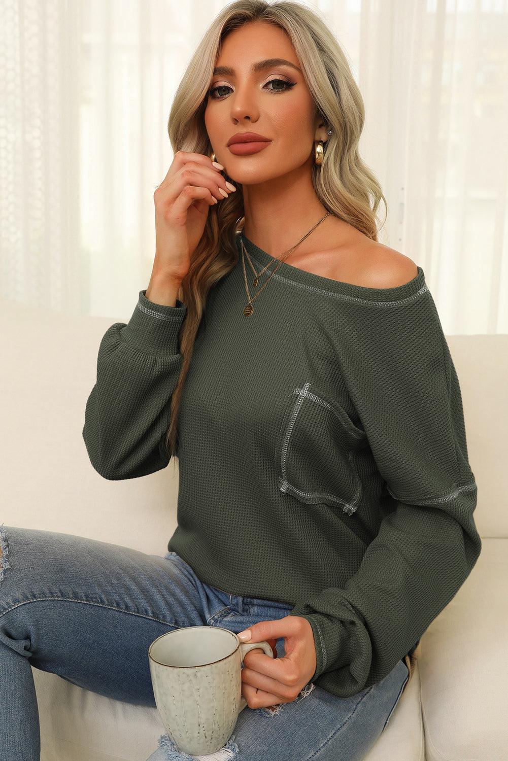 Mist Green Contrast Exposed Stitching Waffle Knit Blouse - L & M Kee, LLC