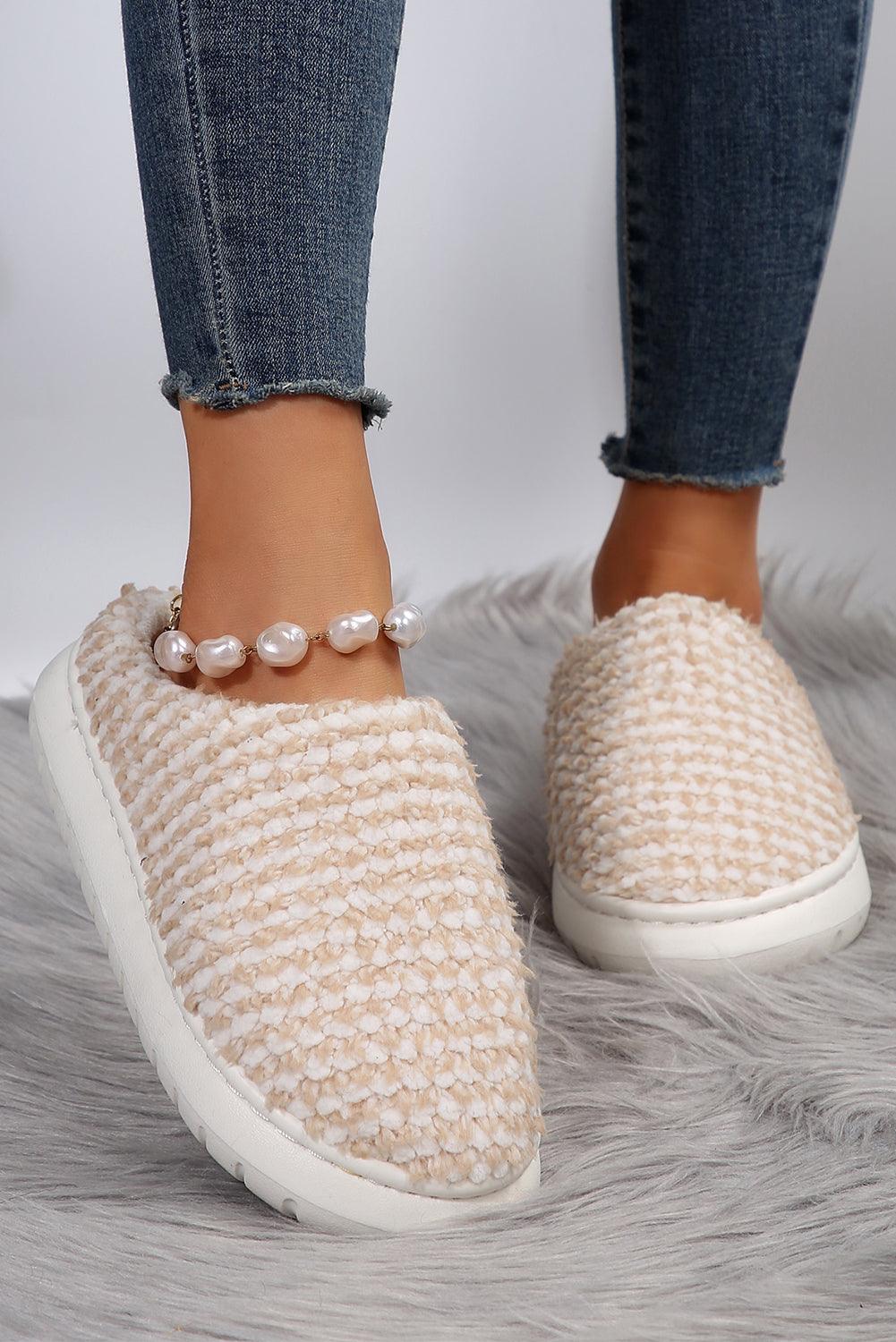 Apricot khaki Two-tone Knitted Warm Homewear Slippers - L & M Kee, LLC