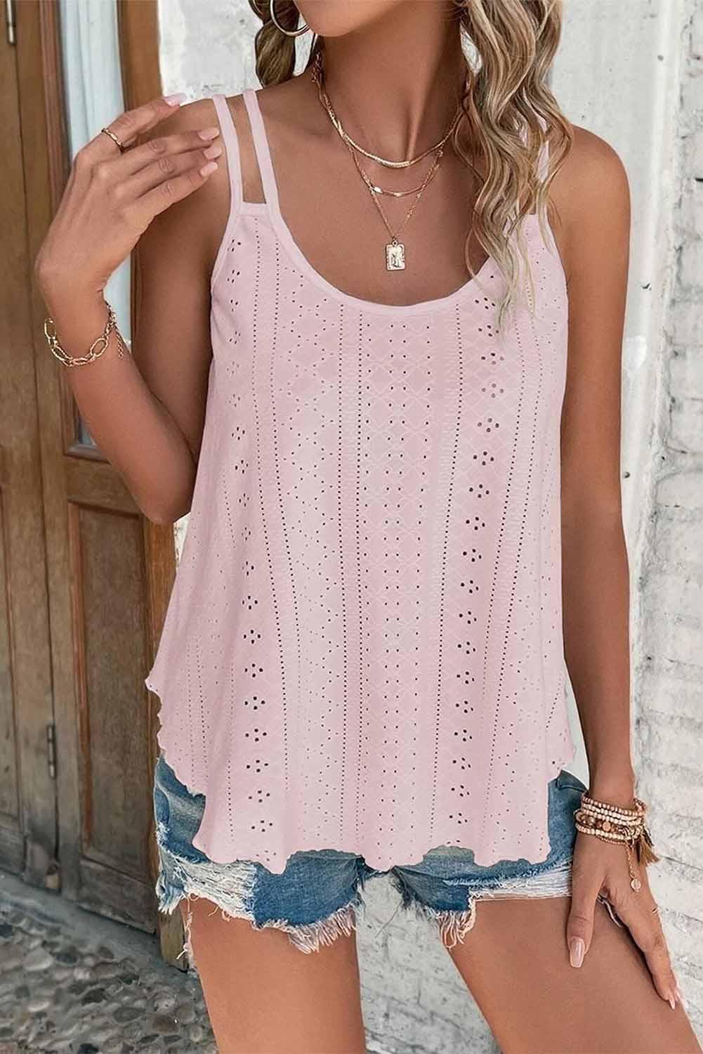 White Eyelet Strappy Scoop-Neck Tank Top - L & M Kee, LLC