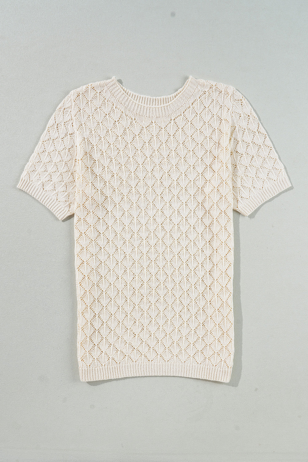 Beige Hollow Out Crochet O Neck Short Sleeve Sweater Tee