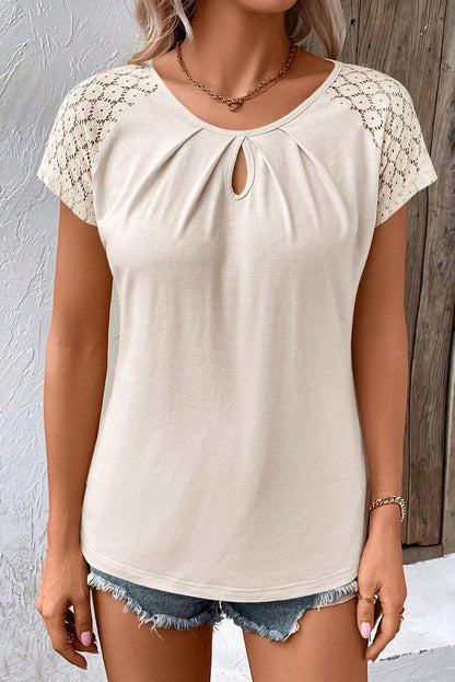 White Contrast Lace Sleeve Keyhole Decor Top - L & M Kee, LLC