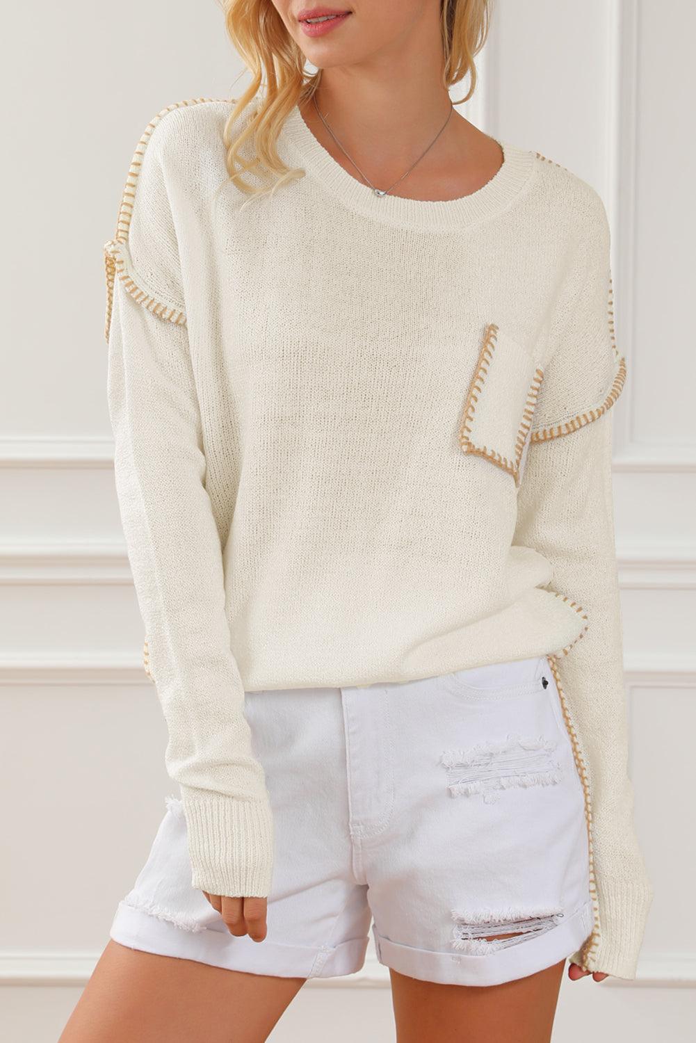 Beige Exposed Stitching Chest Pocket Drop Shoulder Sweater - L & M Kee, LLC