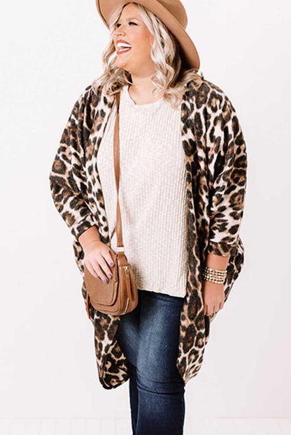 Leopard Plus Size Draped Open Front Cardigan - L & M Kee, LLC