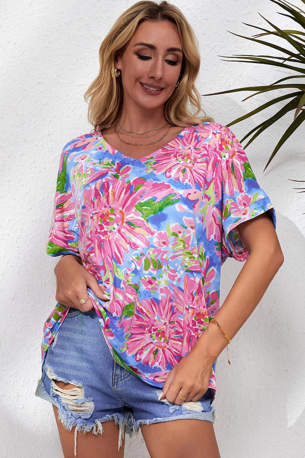 Pink Abstract Floral Print Notch V Neck Rolled Short Sleeve Blouse - L & M Kee, LLC