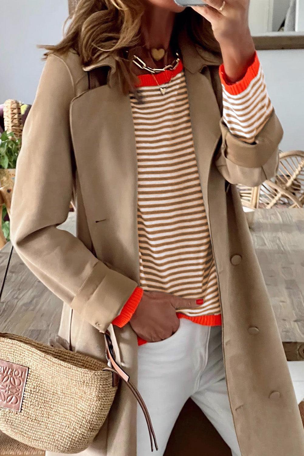 Brown Contrast Trimmed Striped Drop Shoulder Sweater - L & M Kee, LLC