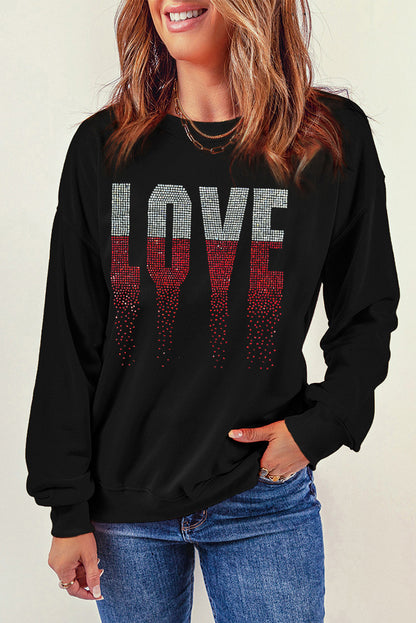 Black Rhinestone LOVE Graphic Crewneck Valentines Sweatshirt