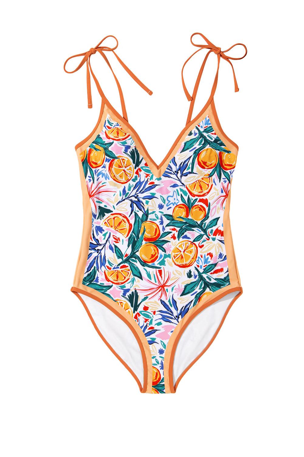 Orange Fruit Plant Print Tied Straps V Neck One Piece Swimsuit - L & M Kee, LLC