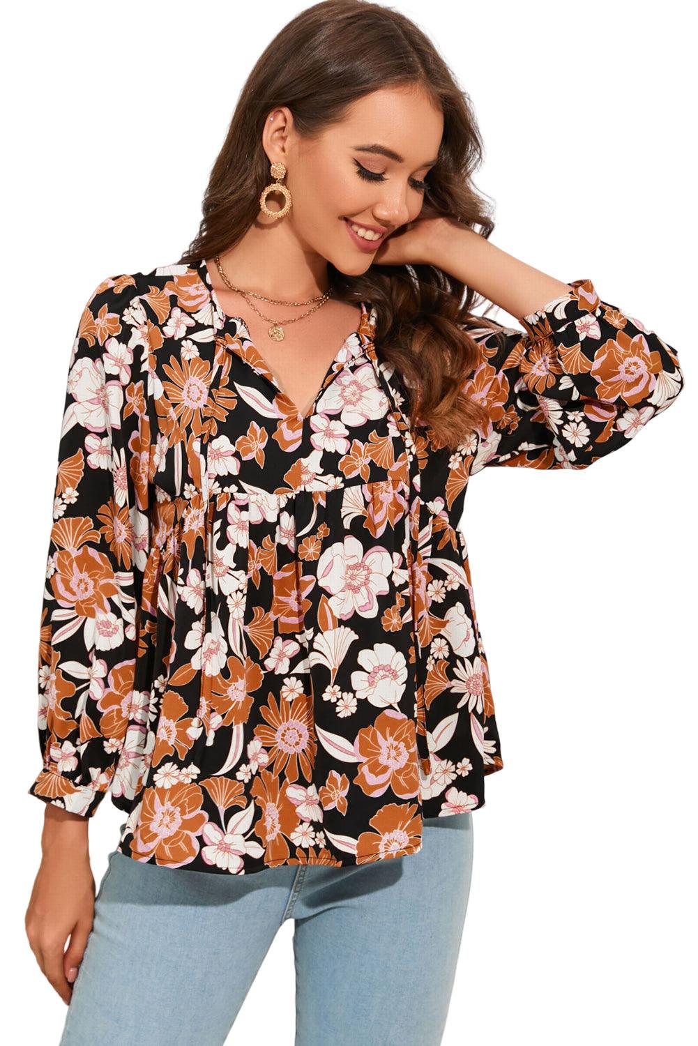 Floral Print 3/4 Sleeve Babydoll Blouse - L & M Kee, LLC