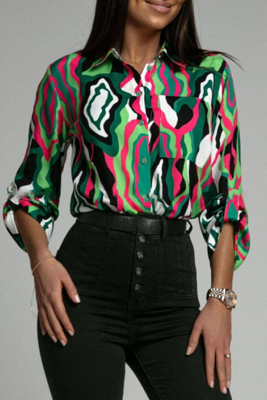 Green Abstract Print Roll-tab Sleeve Chest Pocket Shirt - L & M Kee, LLC