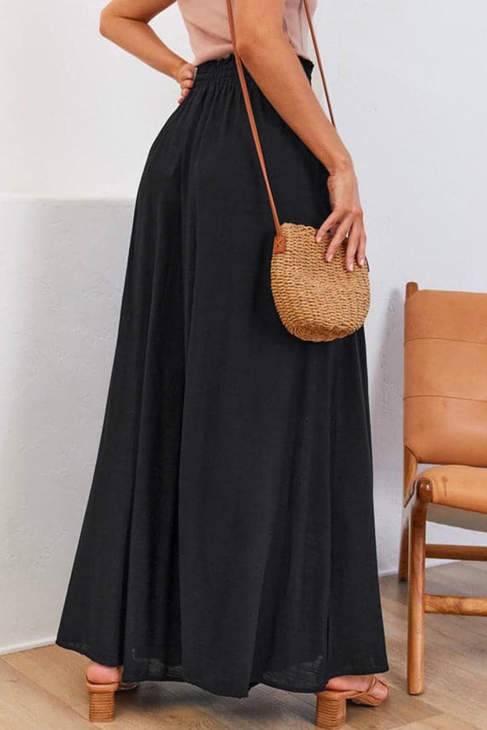 Black Drawstring Smocked High Waist Wide Leg Pants - L & M Kee, LLC