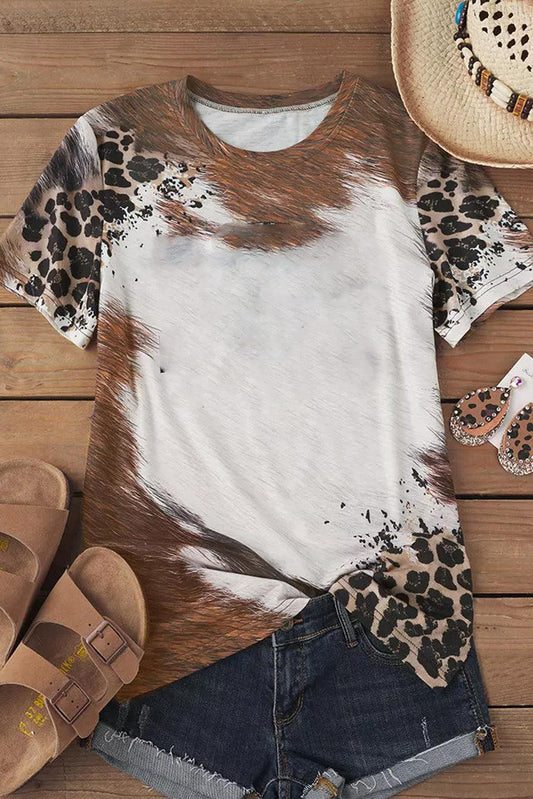 Chestnut Western Leopard Bleached Print Crew Neck T Shirt - L & M Kee, LLC