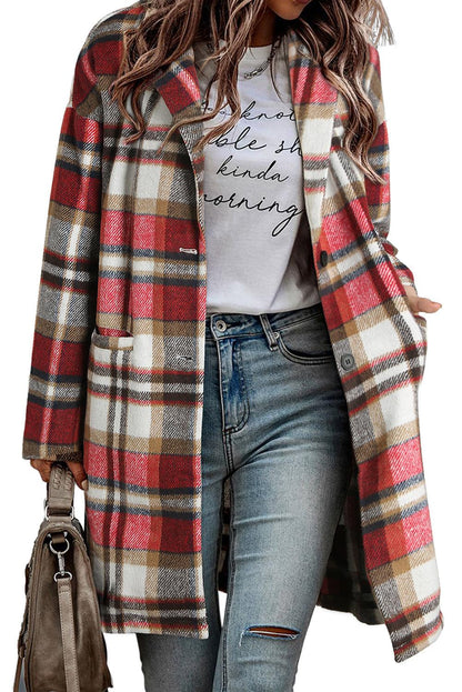 Fiery Red Plaid Button Up Lapel Jacket - L & M Kee, LLC