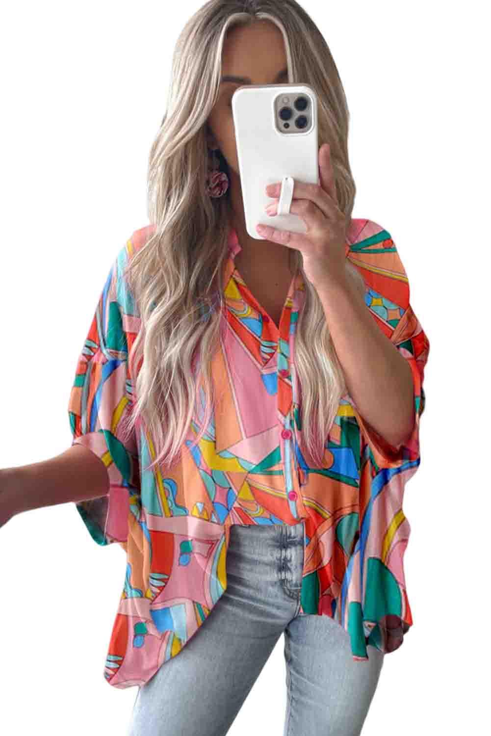 Multicolor Geometric Abstract Print Long Sleeve Shirt Dress - L & M Kee, LLC