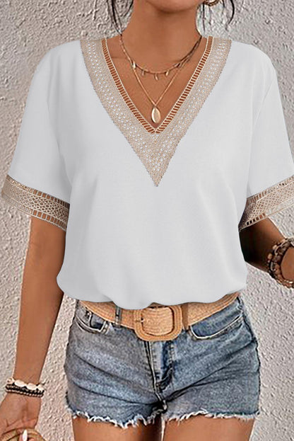 Lace Trim V Neck Short Sleeve Blouse - L & M Kee, LLC