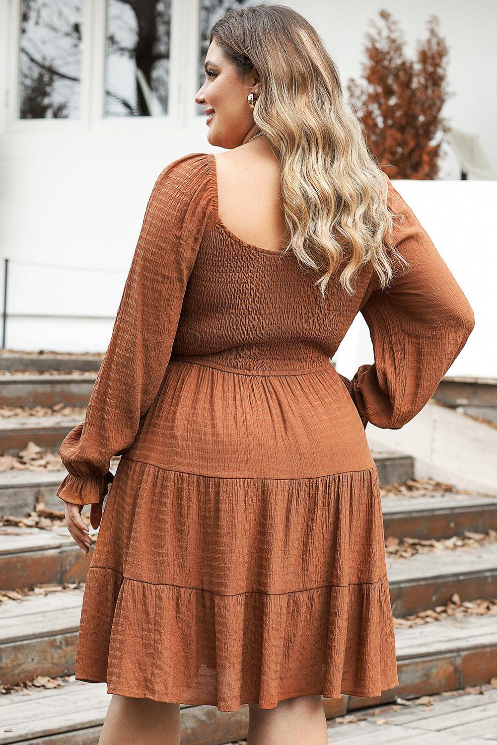 Chestnut Plus Size Smocked Ruffled Sleeve Tiered Mini Dress - L & M Kee, LLC